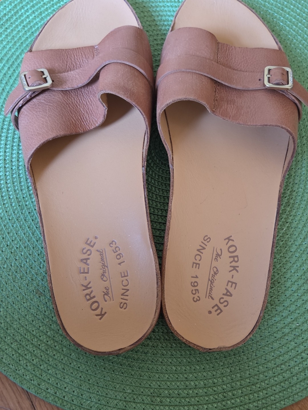 Kork-Ease Tan Leather Buckle Slide Clogs